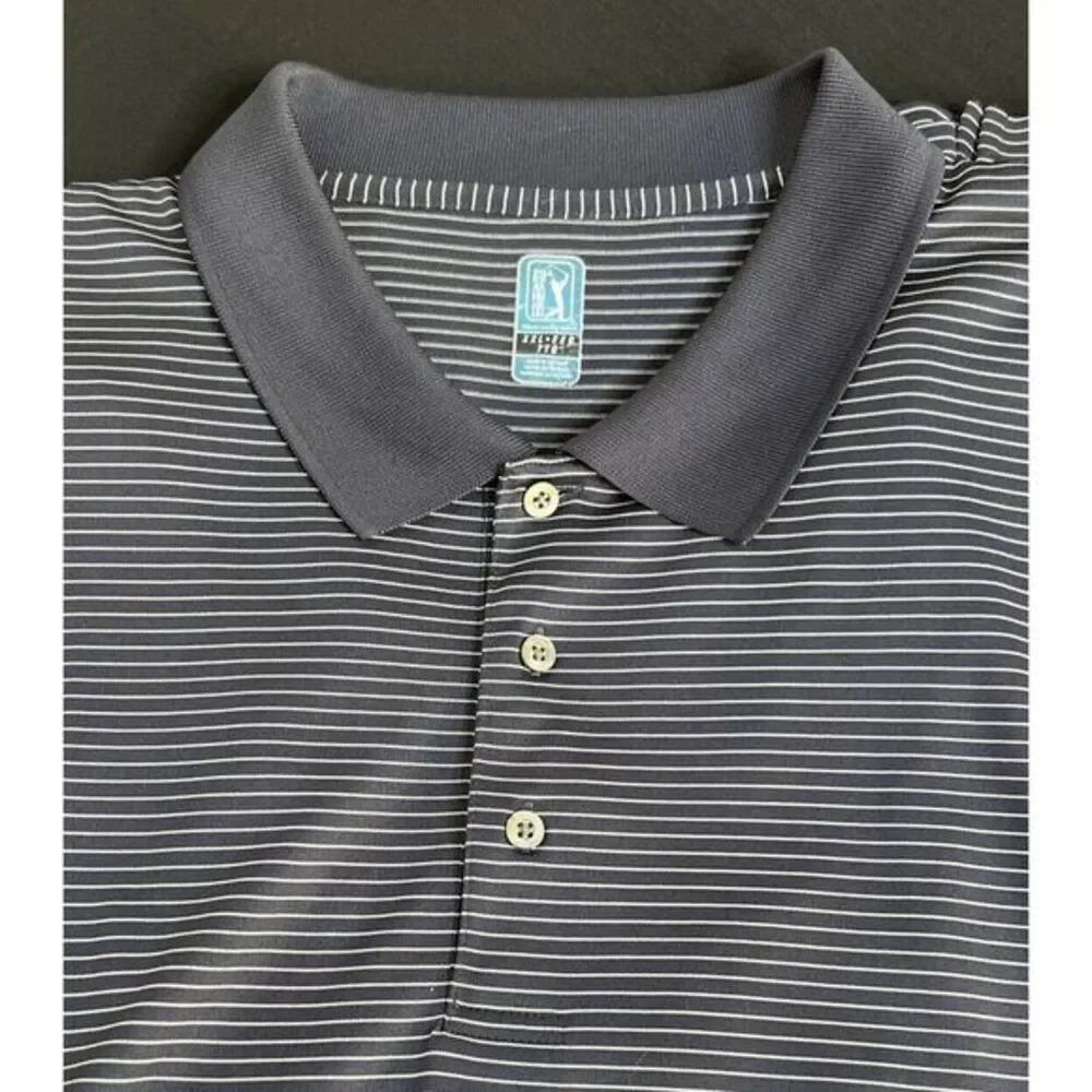 Mens PGA Tour Men's Size XXL Polo Blue/White Striped Short Sleeve Logo Polyester